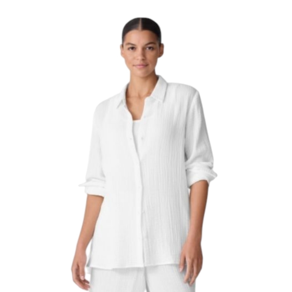 NEW Eileen Fisher White Collar Shirt Organic Cotton Lofty Gauze Classic XXL 2XL